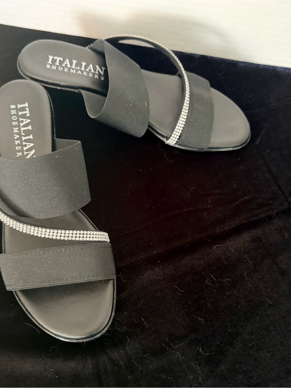 Italian Shoemakers Black Slip-On Sandals with Crystal Strap